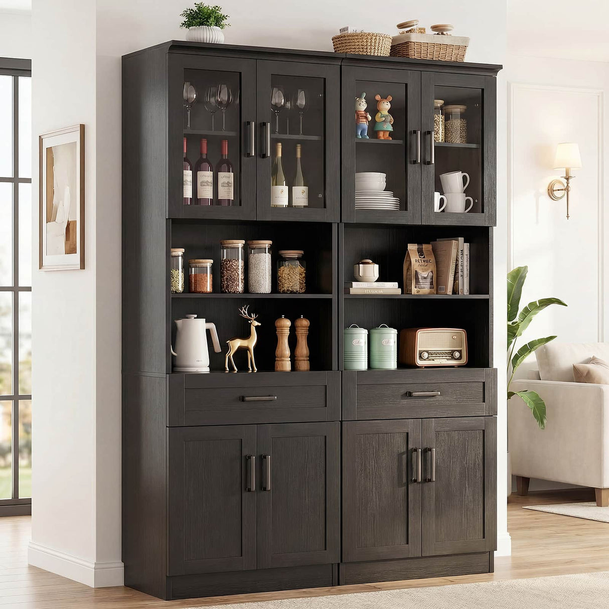 79.7" Tall Kitchen Pantry Storage Cabinet with Glass Door, Adjustable Shelves & Drawer, 2 Packs