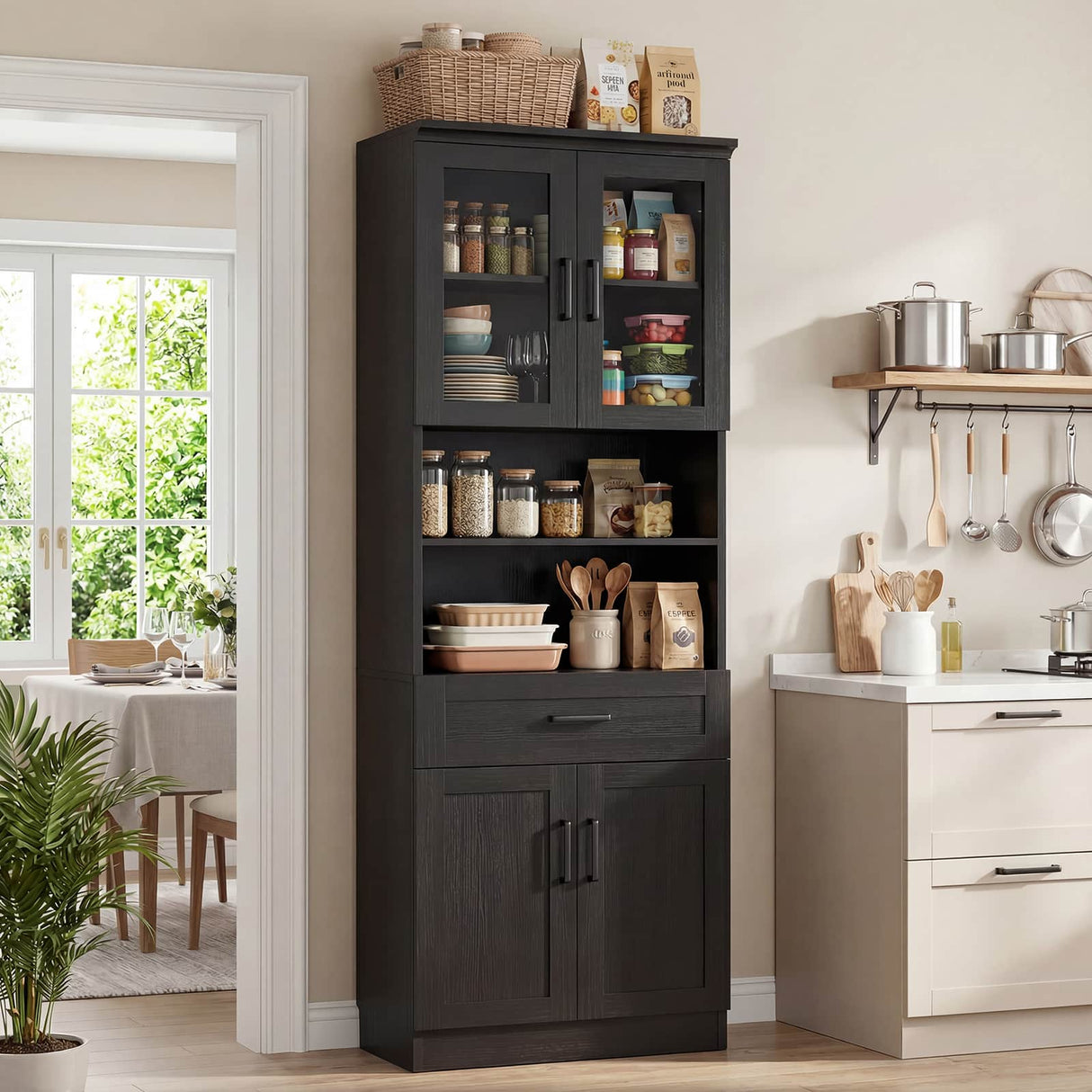 79.7" Tall Kitchen Pantry Storage Cabinet with Glass Door, Adjustable Shelves, and Drawer