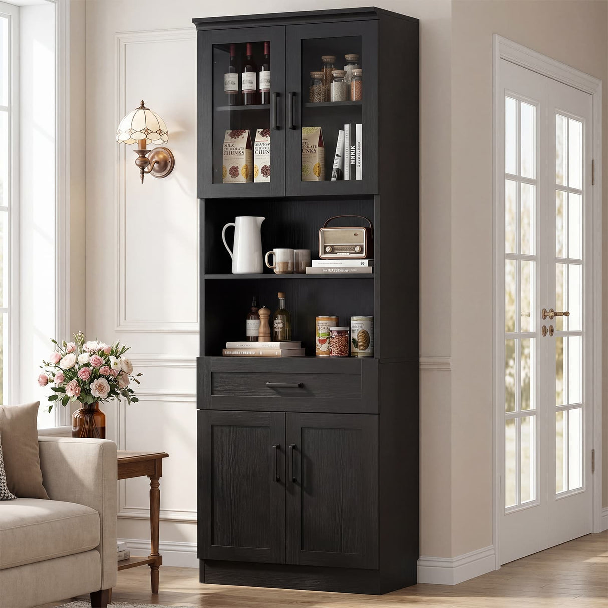 79.7" Tall Kitchen Pantry Storage Cabinet with Glass Door, Adjustable Shelves, and Drawer