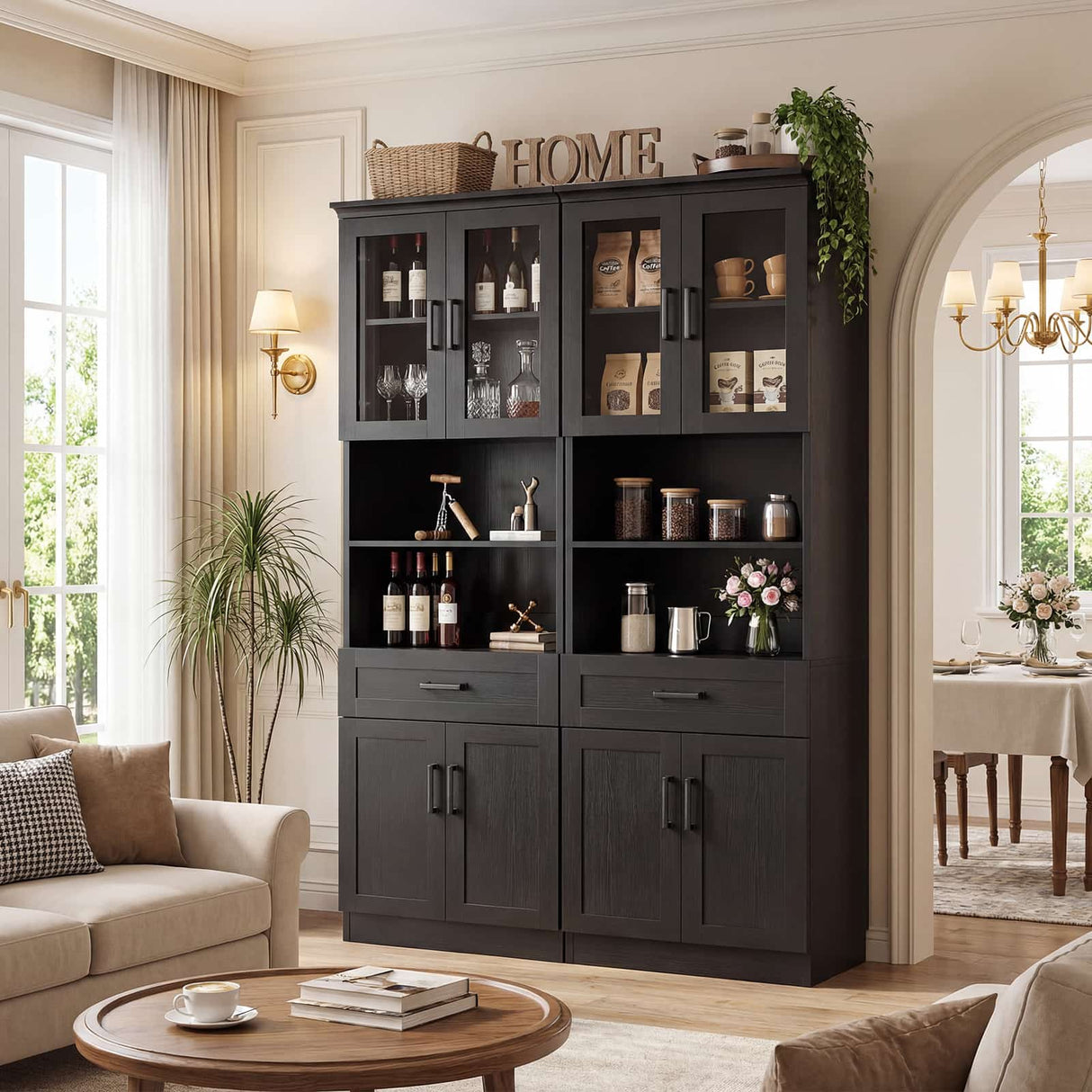 79.7" Tall Kitchen Pantry Storage Cabinet with Glass Door, Adjustable Shelves & Drawer, 2 Packs