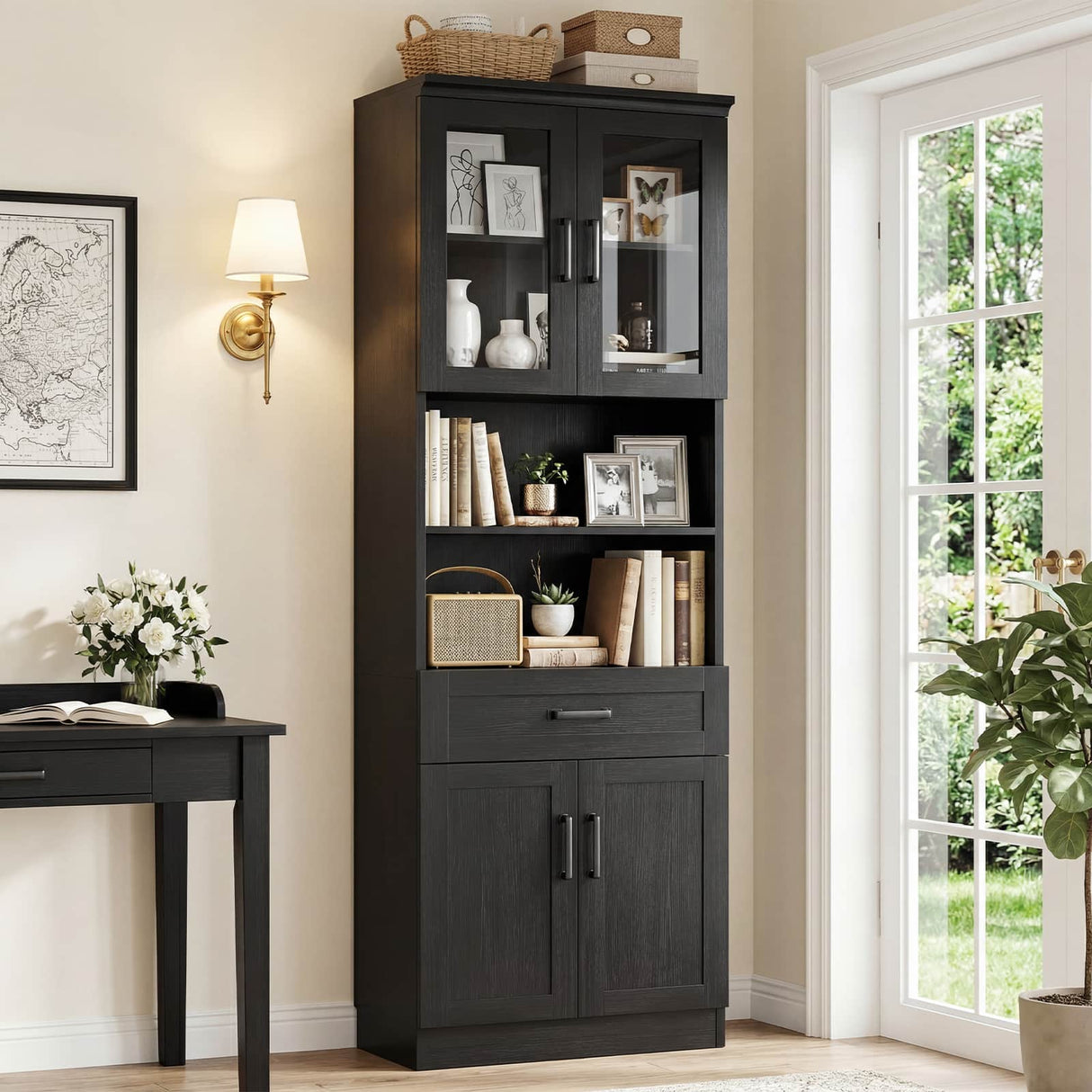 79.7" Tall Kitchen Pantry Storage Cabinet with Glass Door, Adjustable Shelves, and Drawer