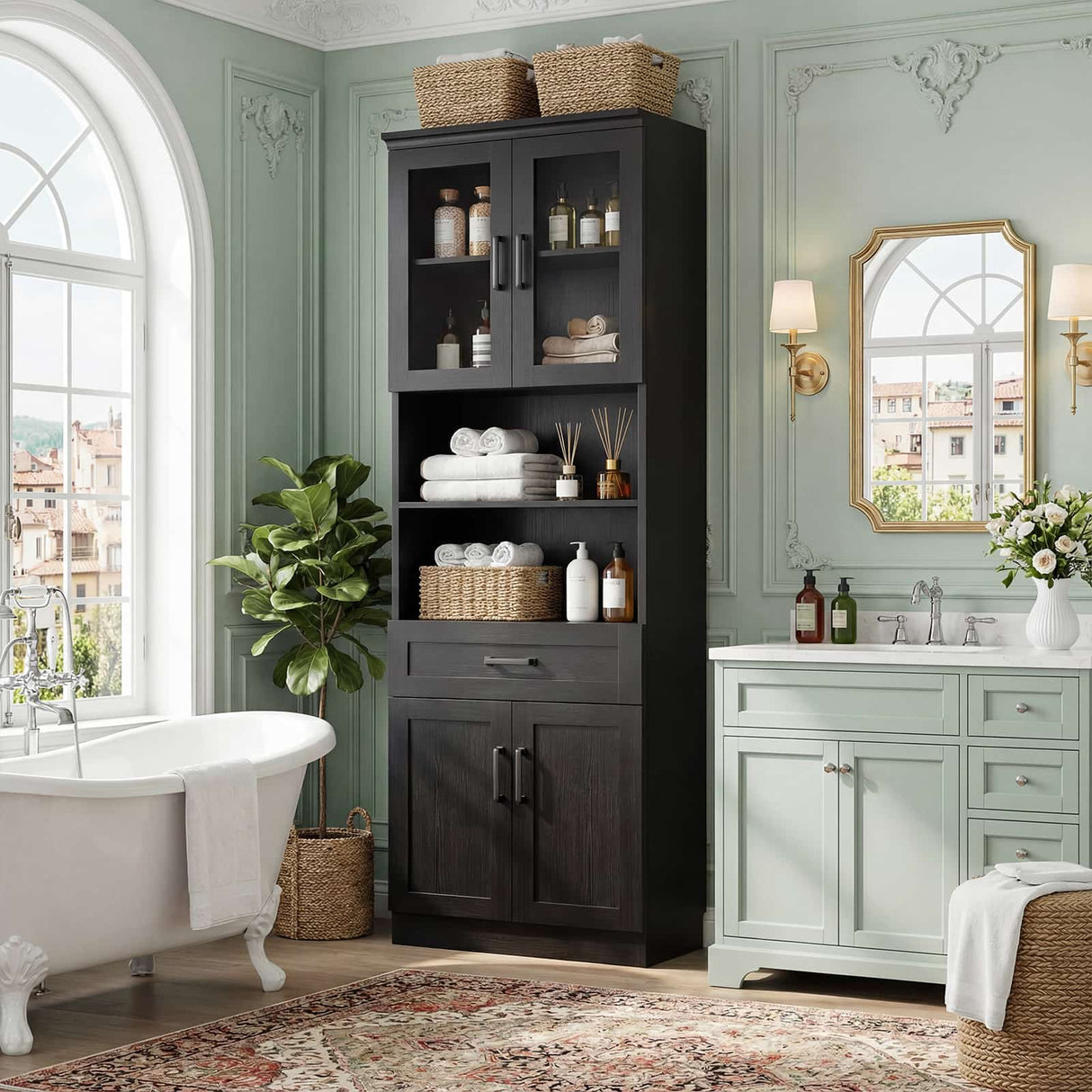 79.7" Tall Kitchen Pantry Storage Cabinet with Glass Door, Adjustable Shelves, and Drawer