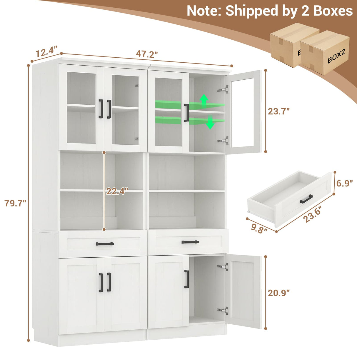 79.7" Tall Kitchen Pantry Storage Cabinet with Glass Door, Adjustable Shelves & Drawer, 2 Packs