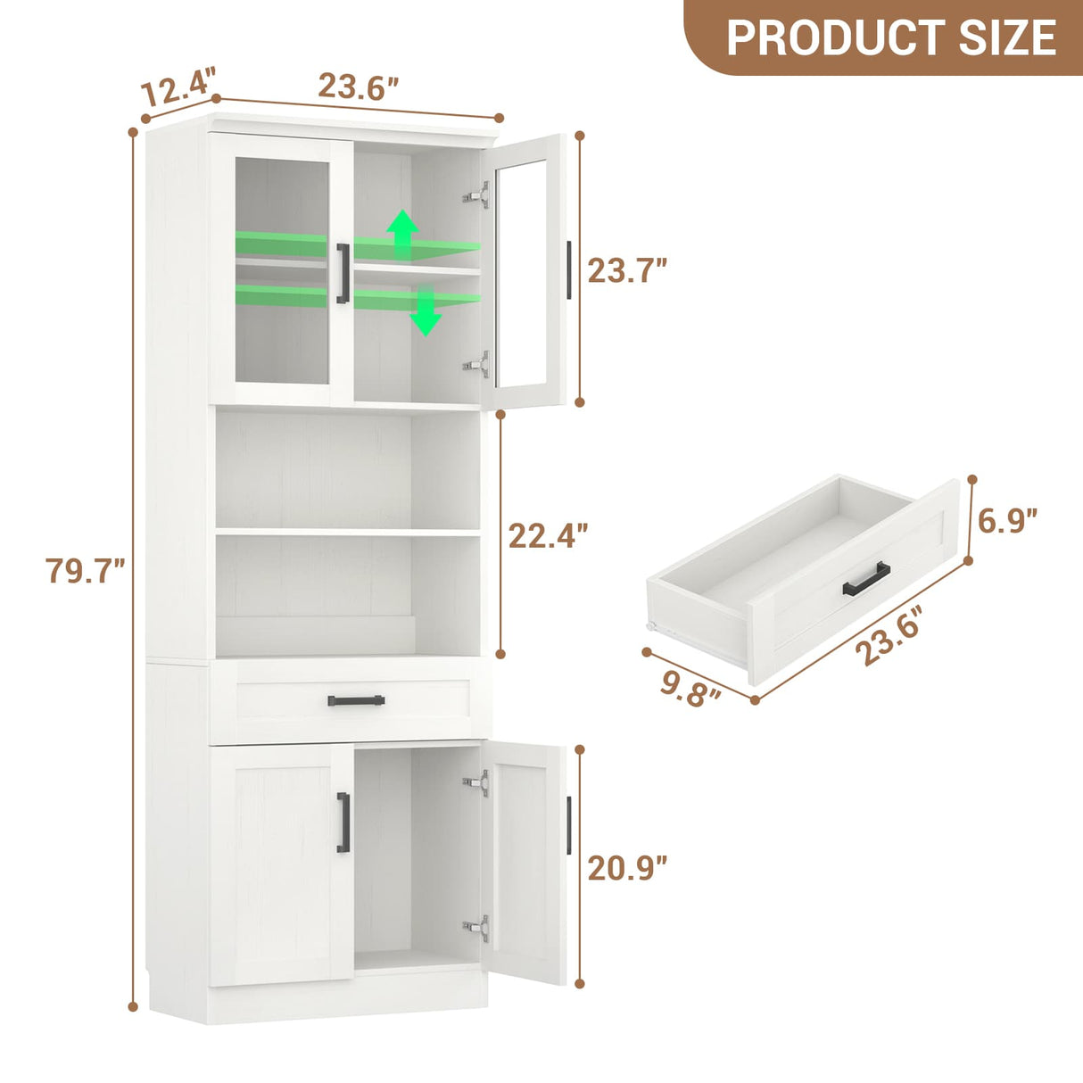 79.7" Tall Kitchen Pantry Storage Cabinet with Glass Door, Adjustable Shelves, and Drawer