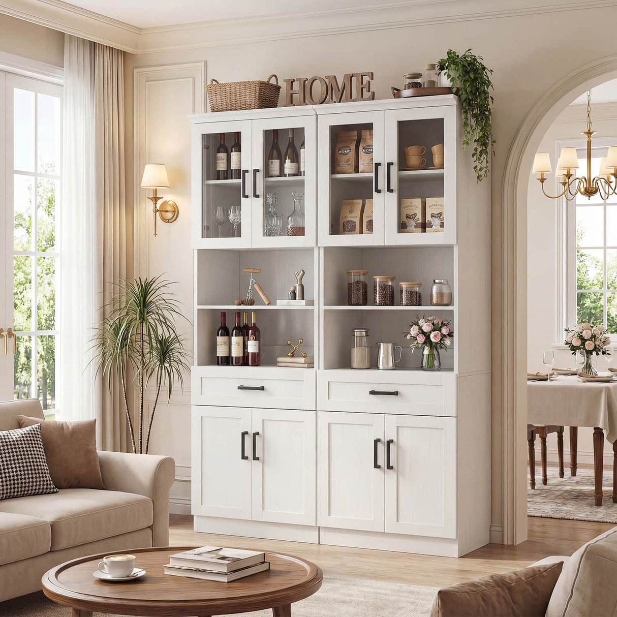 79.7" Tall Kitchen Pantry Storage Cabinet with Glass Door, Adjustable Shelves, and Drawer