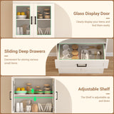 79.7" Tall Kitchen Pantry Storage Cabinet with Glass Door, Adjustable Shelves, and Drawer