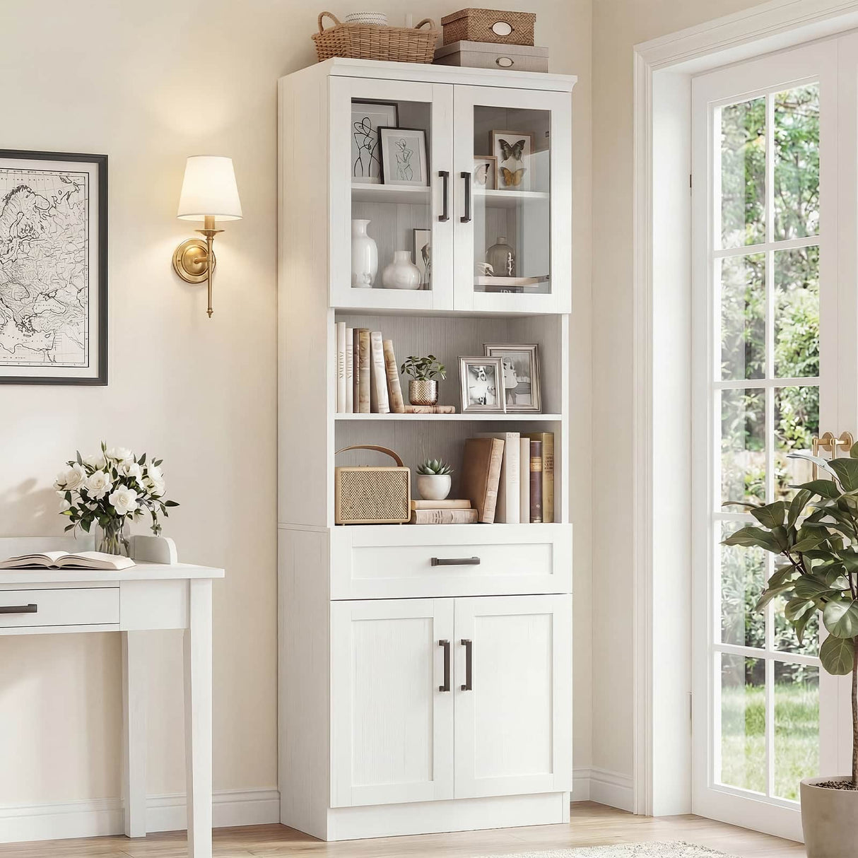79.7" Tall Kitchen Pantry Storage Cabinet with Glass Door, Adjustable Shelves, and Drawer