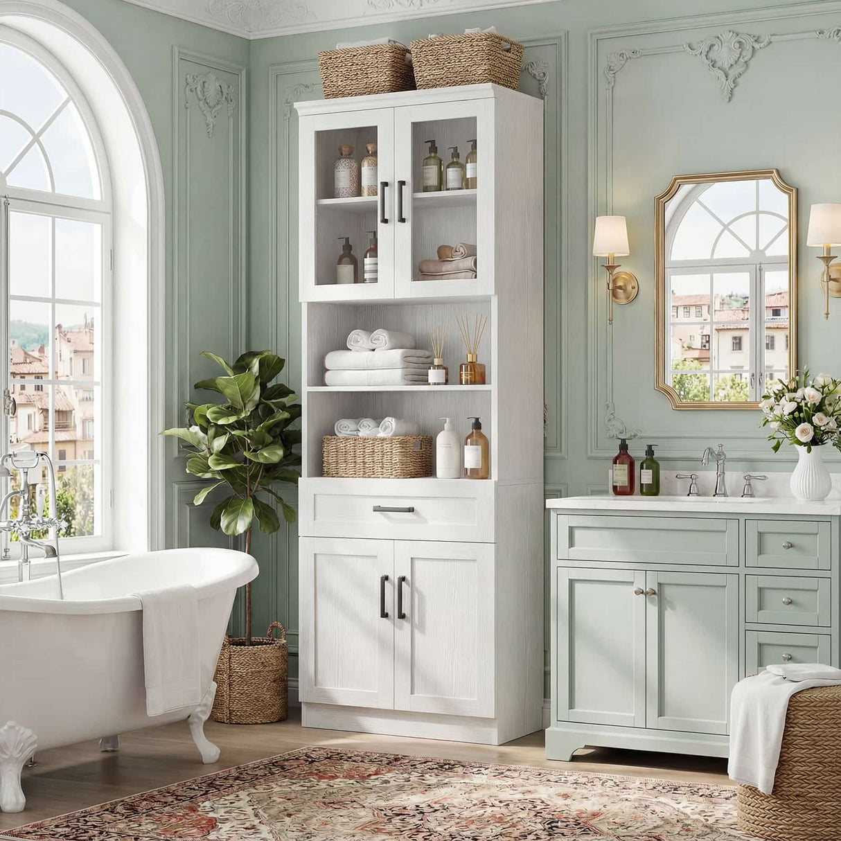 79.7" Tall Kitchen Pantry Storage Cabinet with Glass Door, Adjustable Shelves, and Drawer