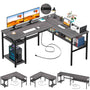 Unikito Reversible L Shaped Desk with Magic Power Outlets and USB Charging Ports, Sturdy Corner Computer Desk with Storage Shelves, Gaming Desk for Home Office, Easy to Assemble