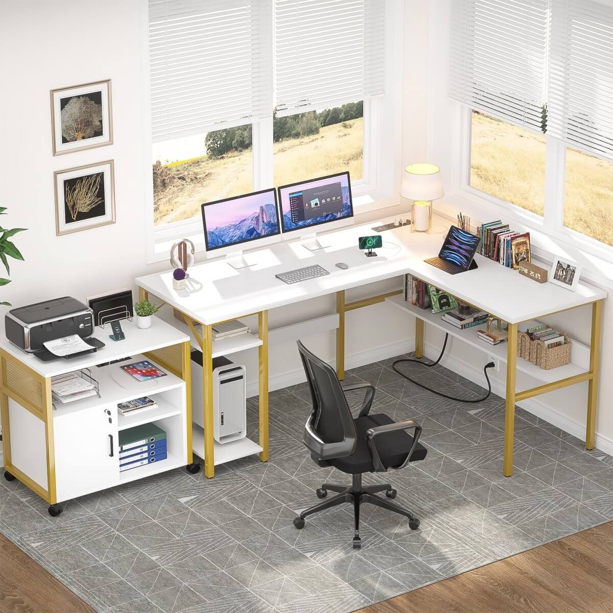Unikito Reversible L Shaped Desk with Magic Power Outlets and USB Charging Ports, Sturdy Corner Computer Desk with Storage Shelves, Gaming Desk for Home Office, Easy to Assemble