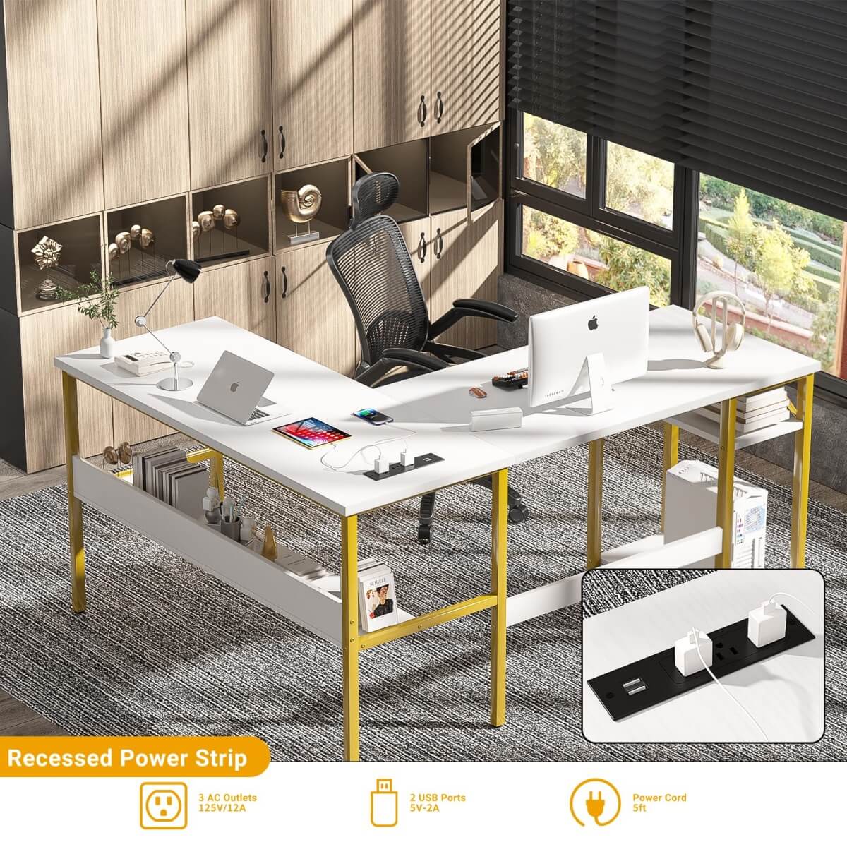 Unikito Reversible L Shaped Desk with Magic Power Outlets and USB Charging Ports, Sturdy Corner Computer Desk with Storage Shelves, Gaming Desk for Home Office, Easy to Assemble