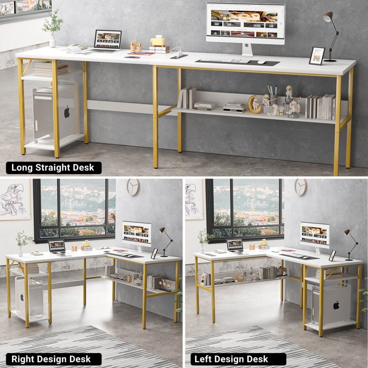Unikito Reversible L Shaped Desk with Magic Power Outlets and USB Charging Ports, Sturdy Corner Computer Desk with Storage Shelves, Gaming Desk for Home Office, Easy to Assemble