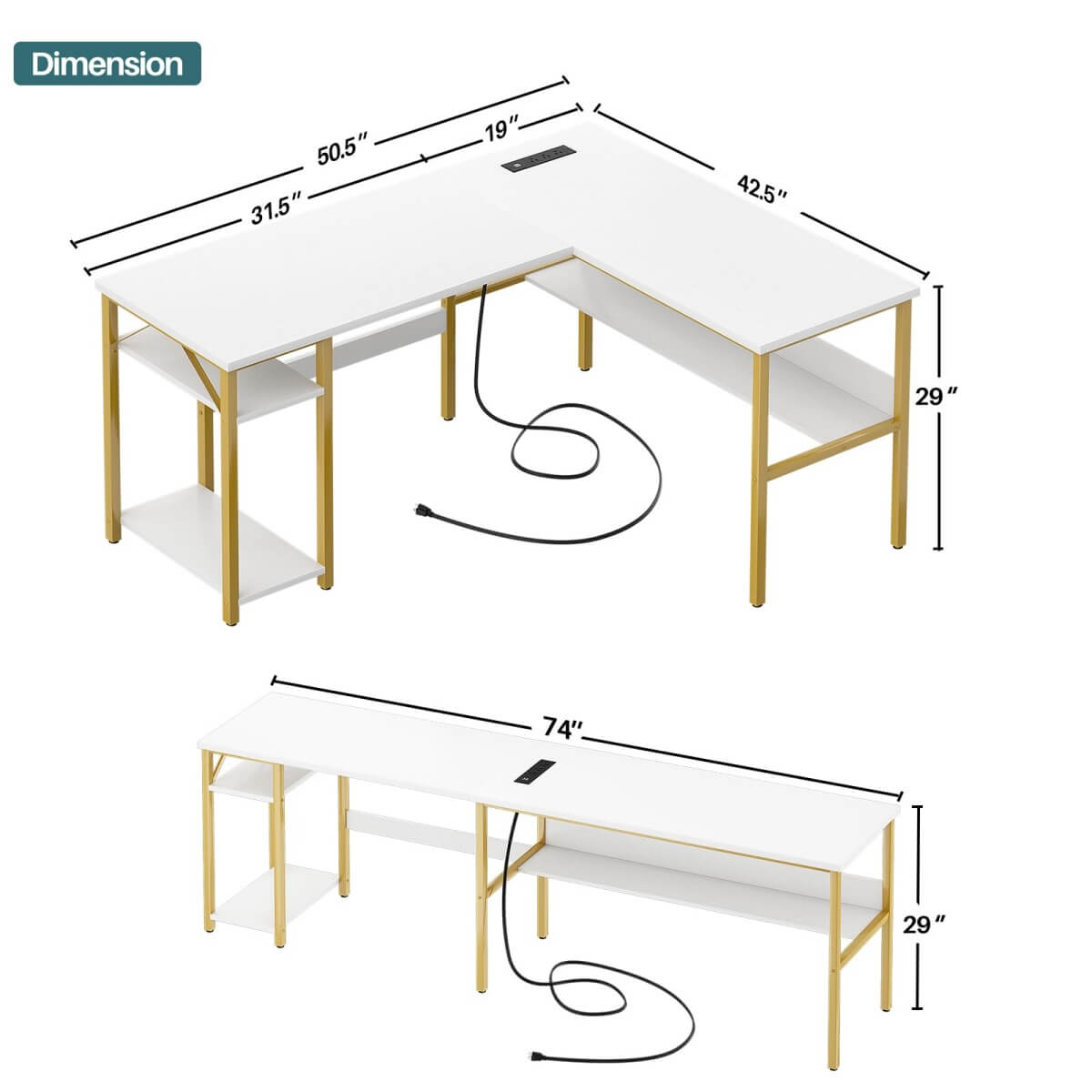 Unikito Reversible L Shaped Desk with Magic Power Outlets and USB Charging Ports, Sturdy Corner Computer Desk with Storage Shelves, Gaming Desk for Home Office, Easy to Assemble