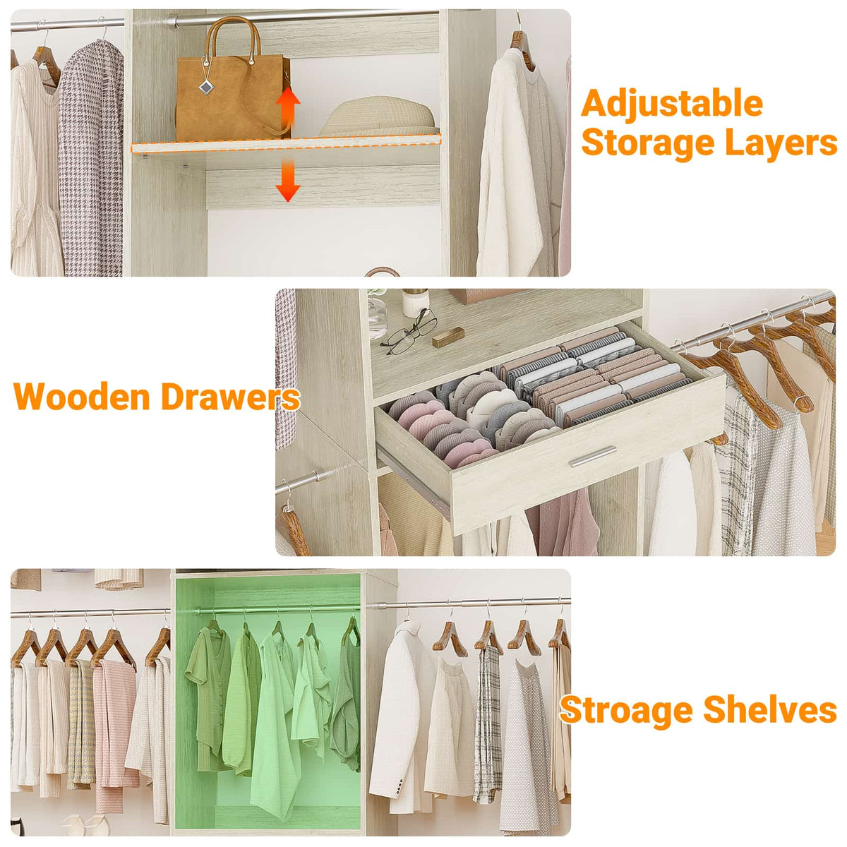 96” Closet System, 8FT Walk in Closets Organizer Kit with 4 Extendable Hanging Rods and Drawer