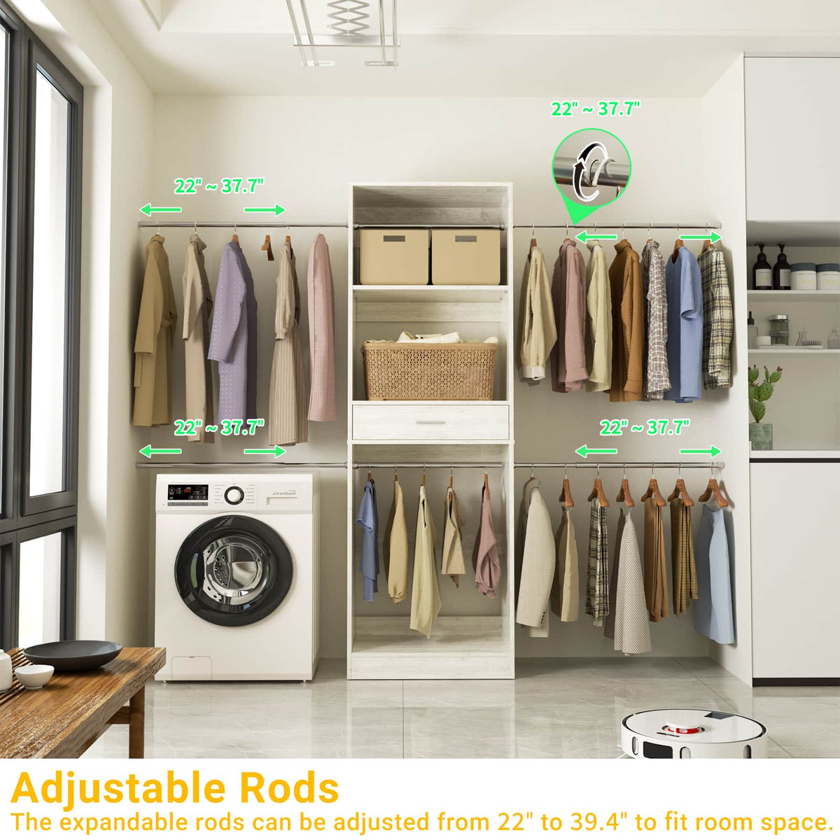96” Closet System, 8FT Walk in Closets Organizer Kit with 4 Extendable Hanging Rods and Drawer