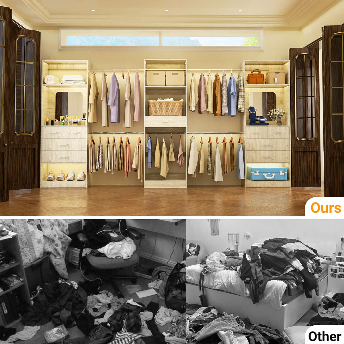 96” Closet System, 8FT Walk in Closets Organizer Kit with 4 Extendable Hanging Rods and Drawer
