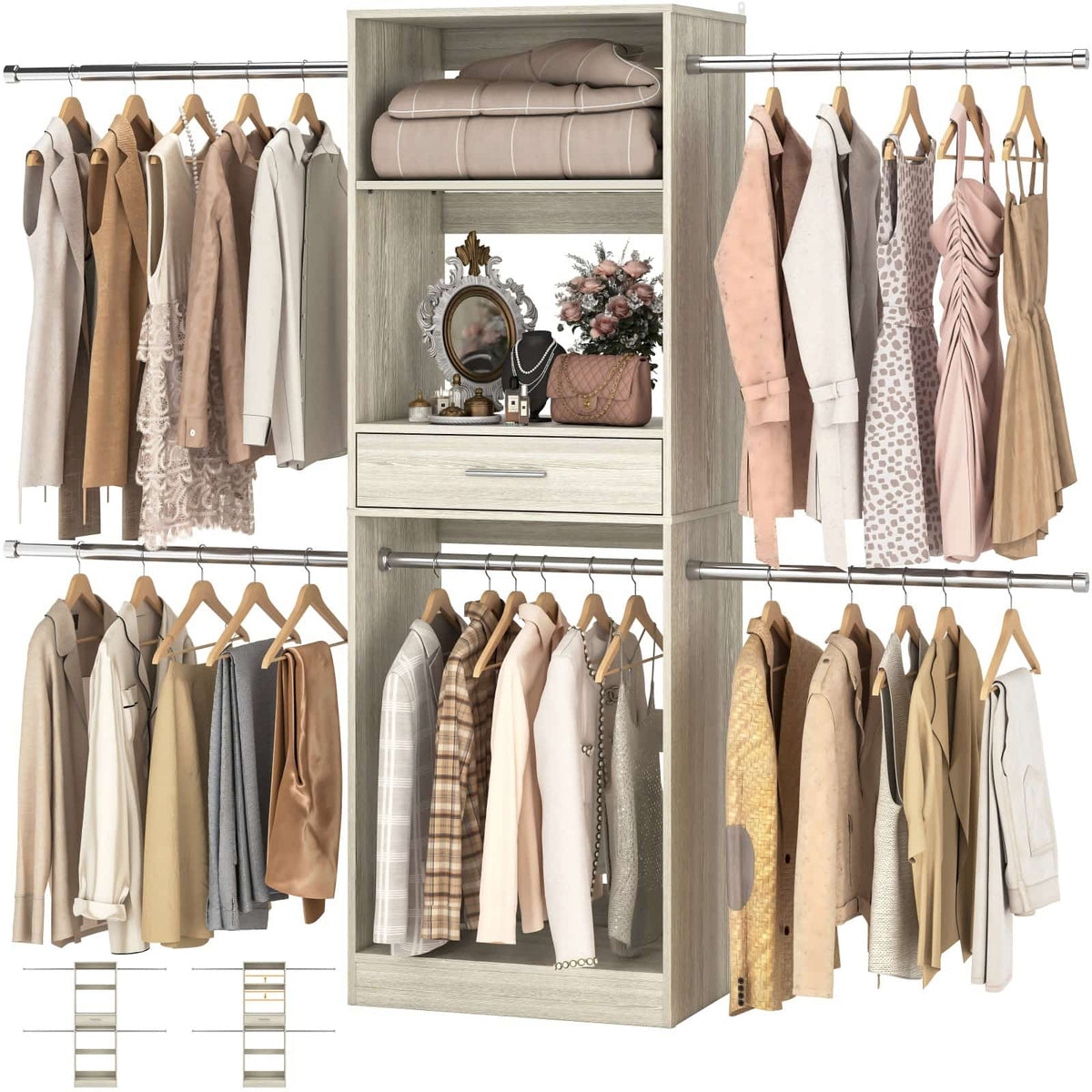 96” Closet System, 8FT Walk in Closets Organizer Kit with 4 Extendable Hanging Rods and Drawer