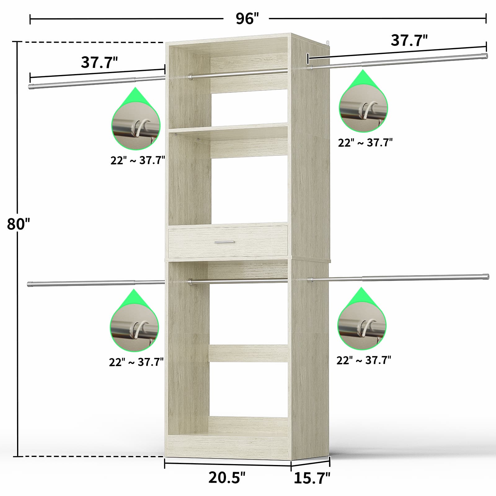96” Closet System, 8FT Walk in Closets Organizer Kit with 4