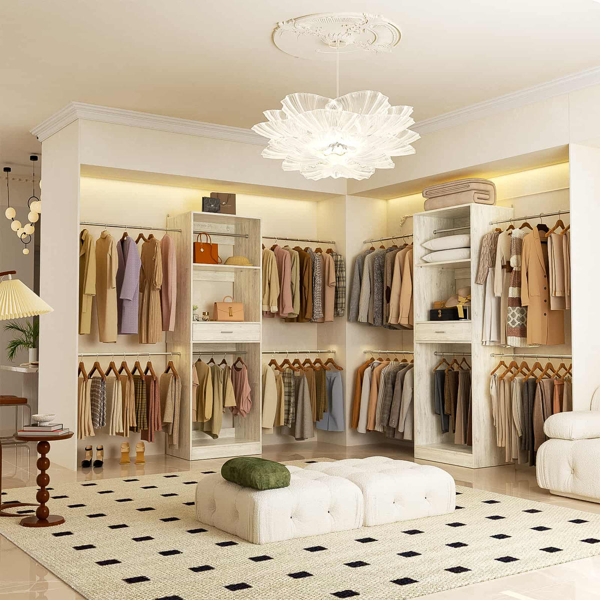 96” Closet System, 8FT Walk in Closets Organizer Kit with 4 Extendable Hanging Rods and Drawer