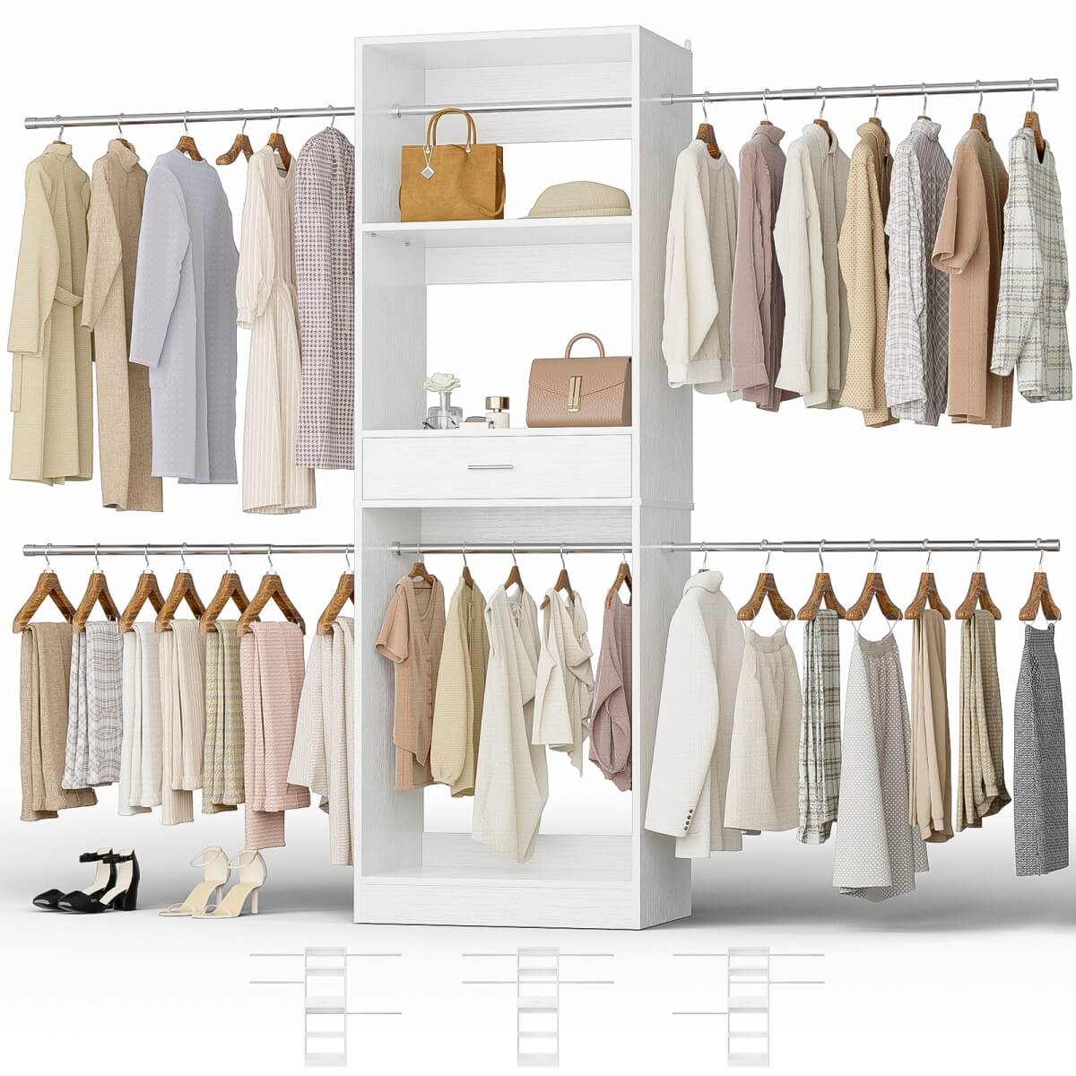 96'' Closet System with 4 Hanging Rods & Drawer, Max Load 1000 LBS