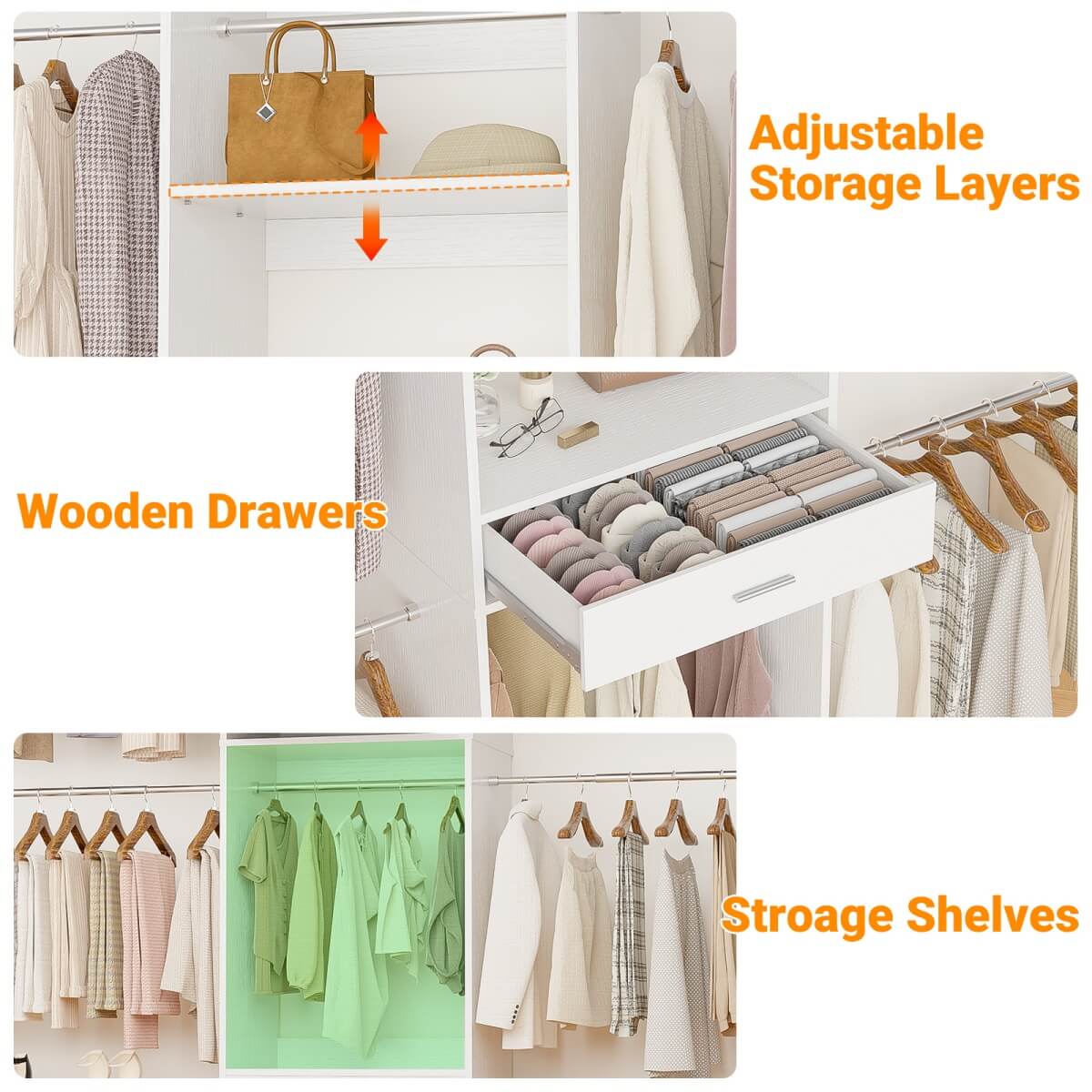 96'' Closet System with 4 Hanging Rods & Drawer, Max Load 1000 LBS