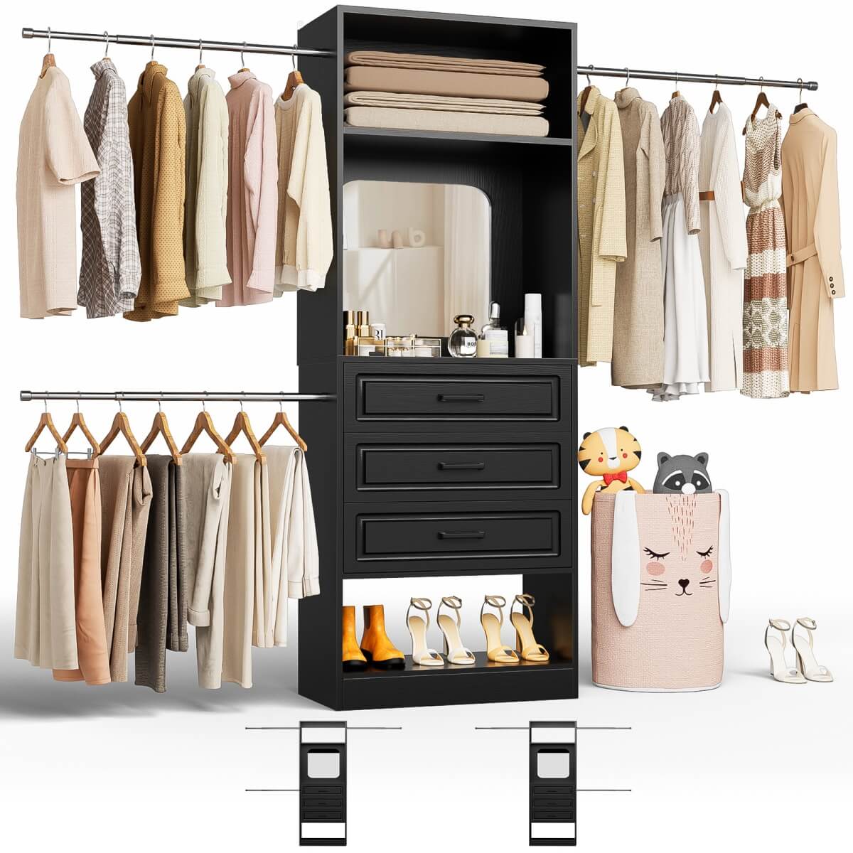 48 - 96 Inch Closet Organizer System with Mirror, 3 Hanging Rods, and 3 Drawers
