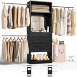 48 - 96 Inch Closet Organizer System with Mirror, 3 Hanging Rods, and 3 Drawers
