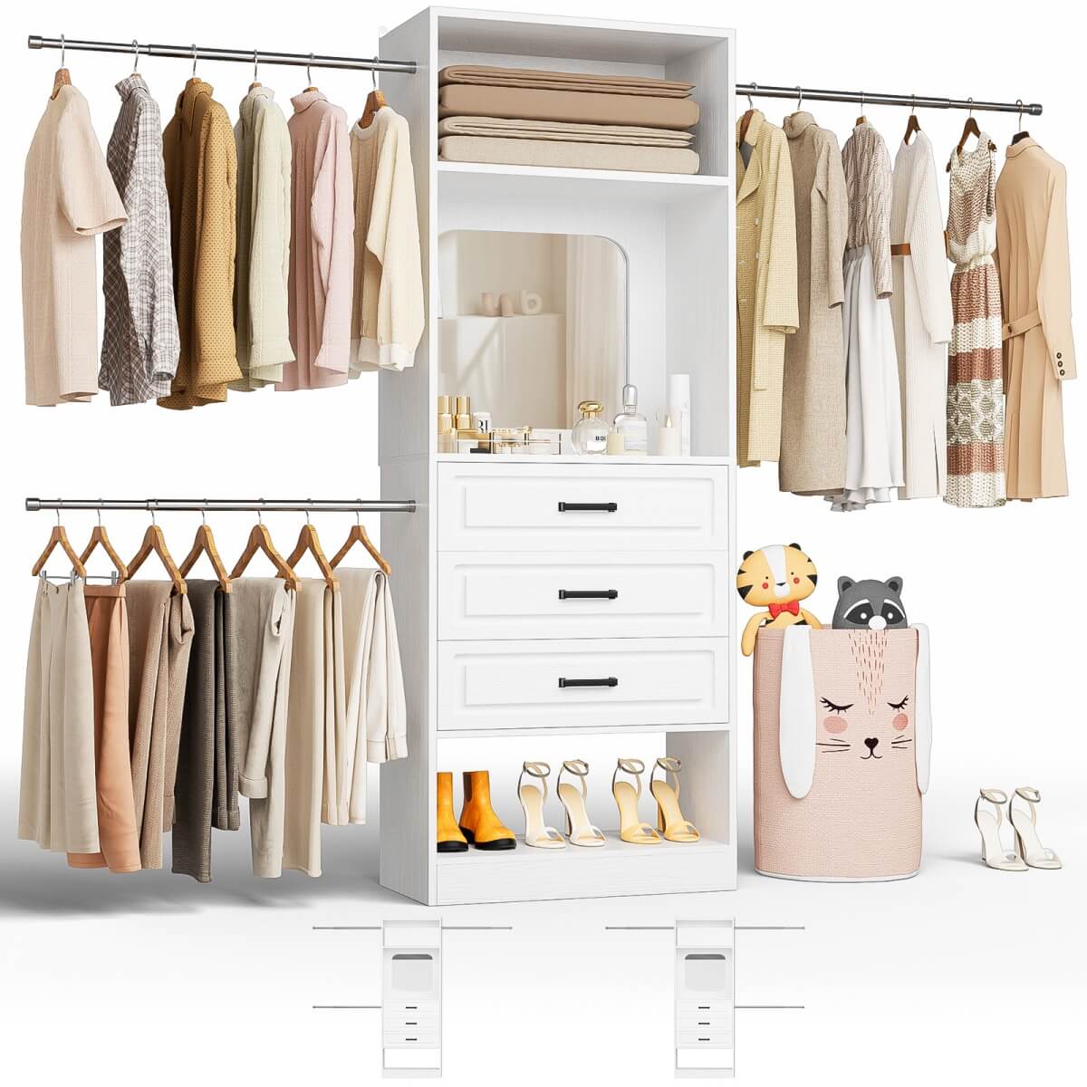 48 - 96 Inch Closet Organizer System with Mirror, 3 Hanging Rods, and 3 Drawers