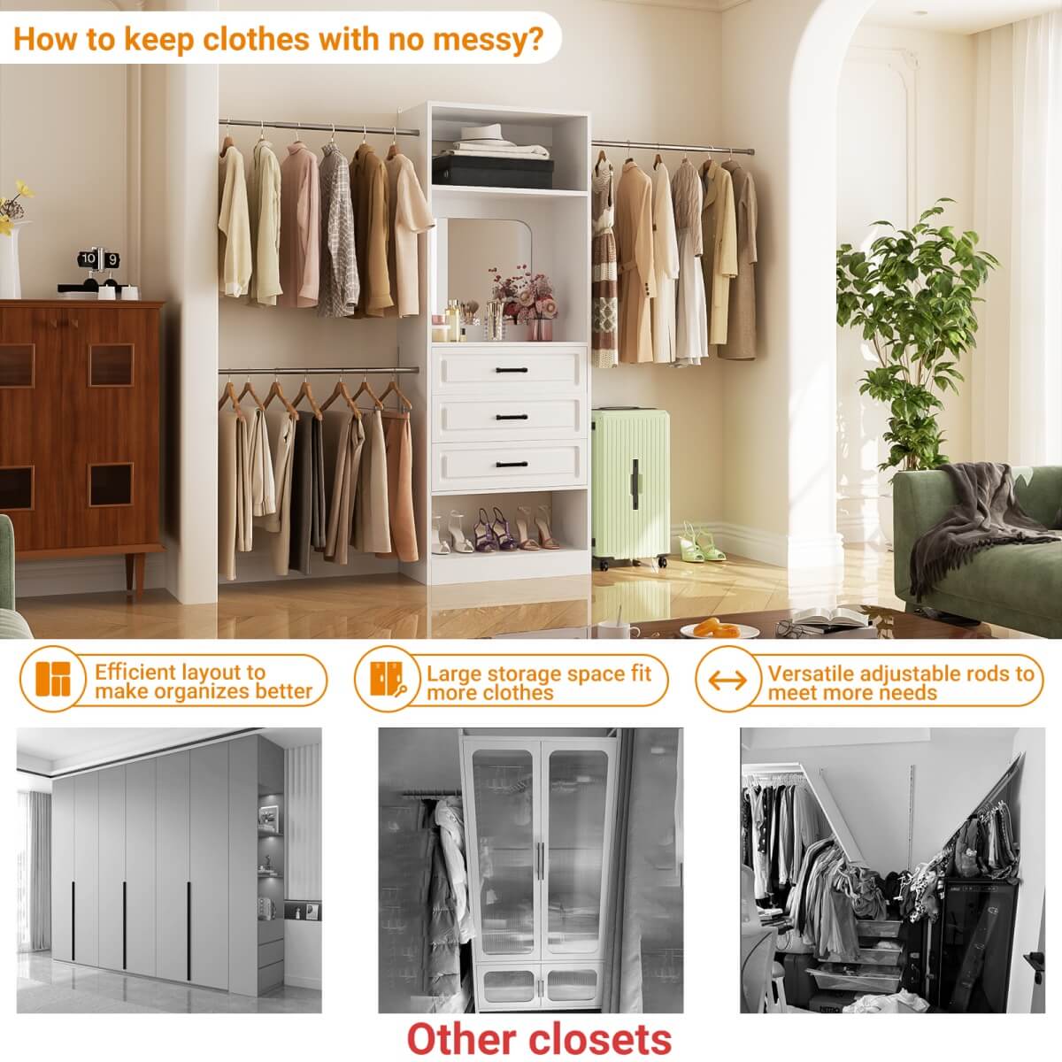 48 - 96 Inch Closet Organizer System with Mirror, 3 Hanging Rods, and 3 Drawers
