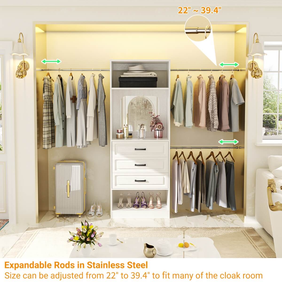 48 - 96 Inch Closet Organizer System with Mirror, 3 Hanging Rods, and 3 Drawers