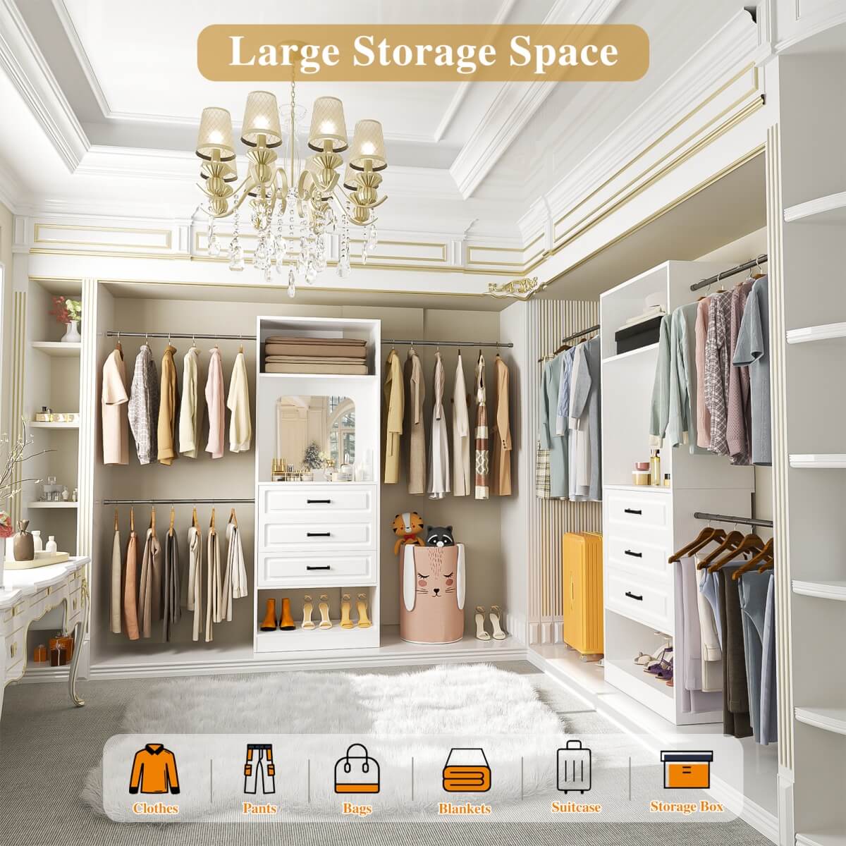 48 - 96 Inch Closet Organizer System with Mirror, 3 Hanging Rods, and 3 Drawers