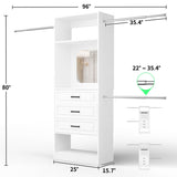 48 - 96 Inch Closet Organizer System with Mirror, 3 Hanging Rods, and 3 Drawers