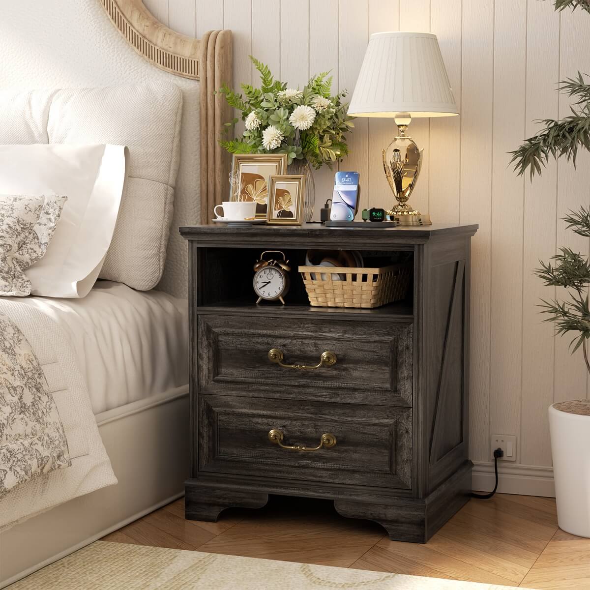 Farmhouse Nightstands with Drawers, Bedside Table with Power Outlet