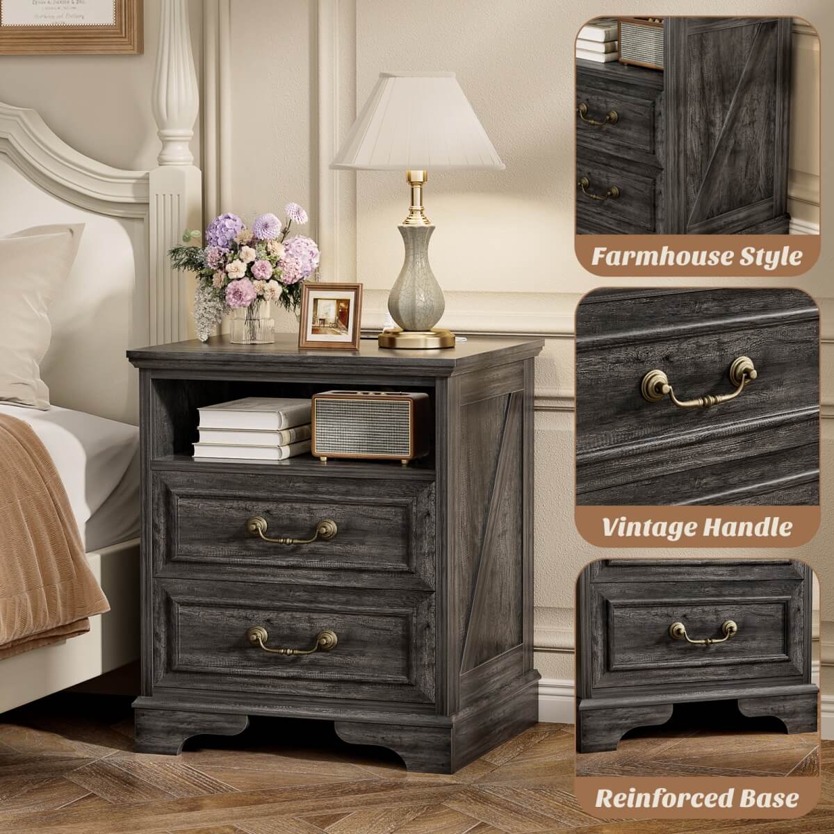 Farmhouse Nightstands with Drawers, Bedside Table with Power Outlet