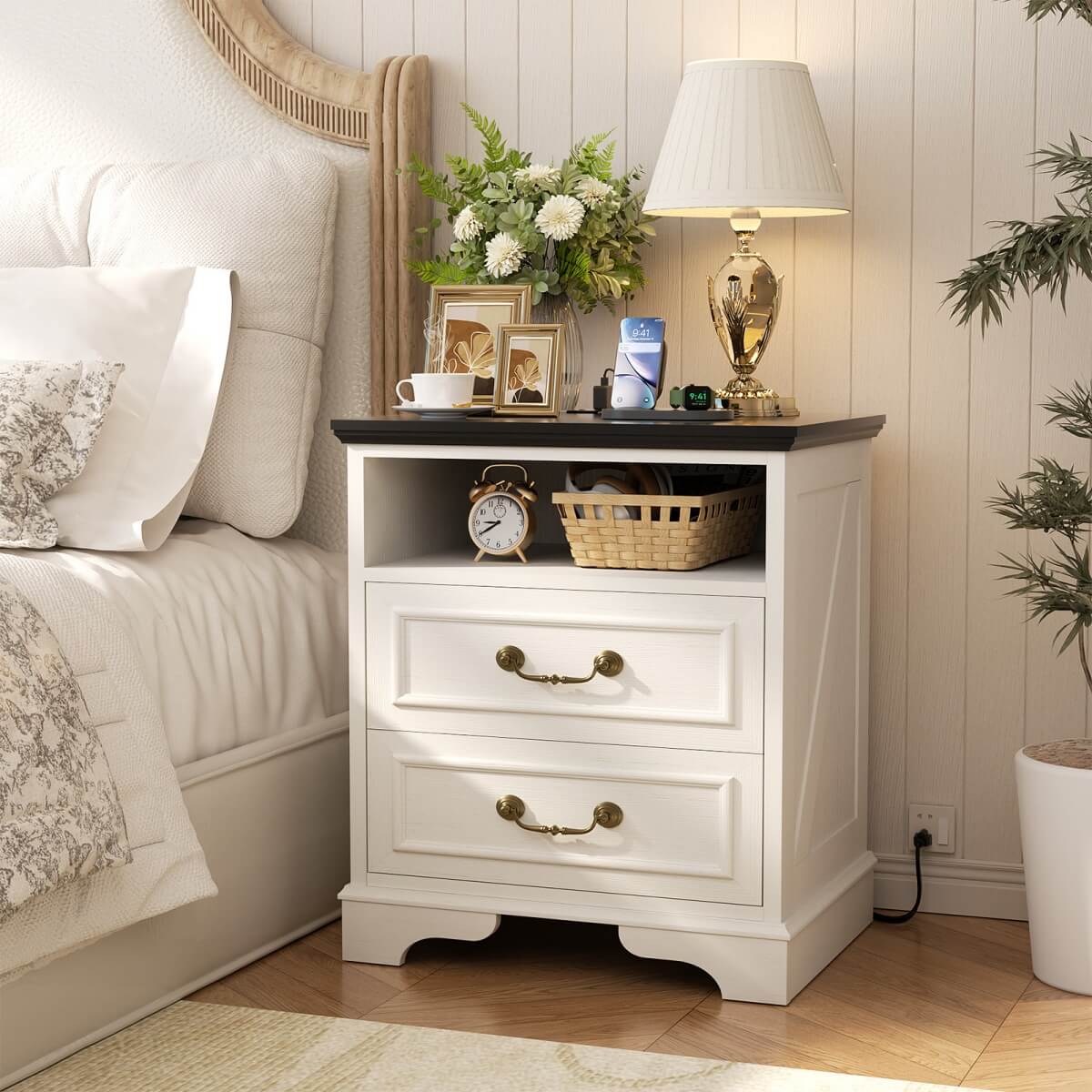 Farmhouse Nightstands with Drawers, Bedside Table with Power Outlet