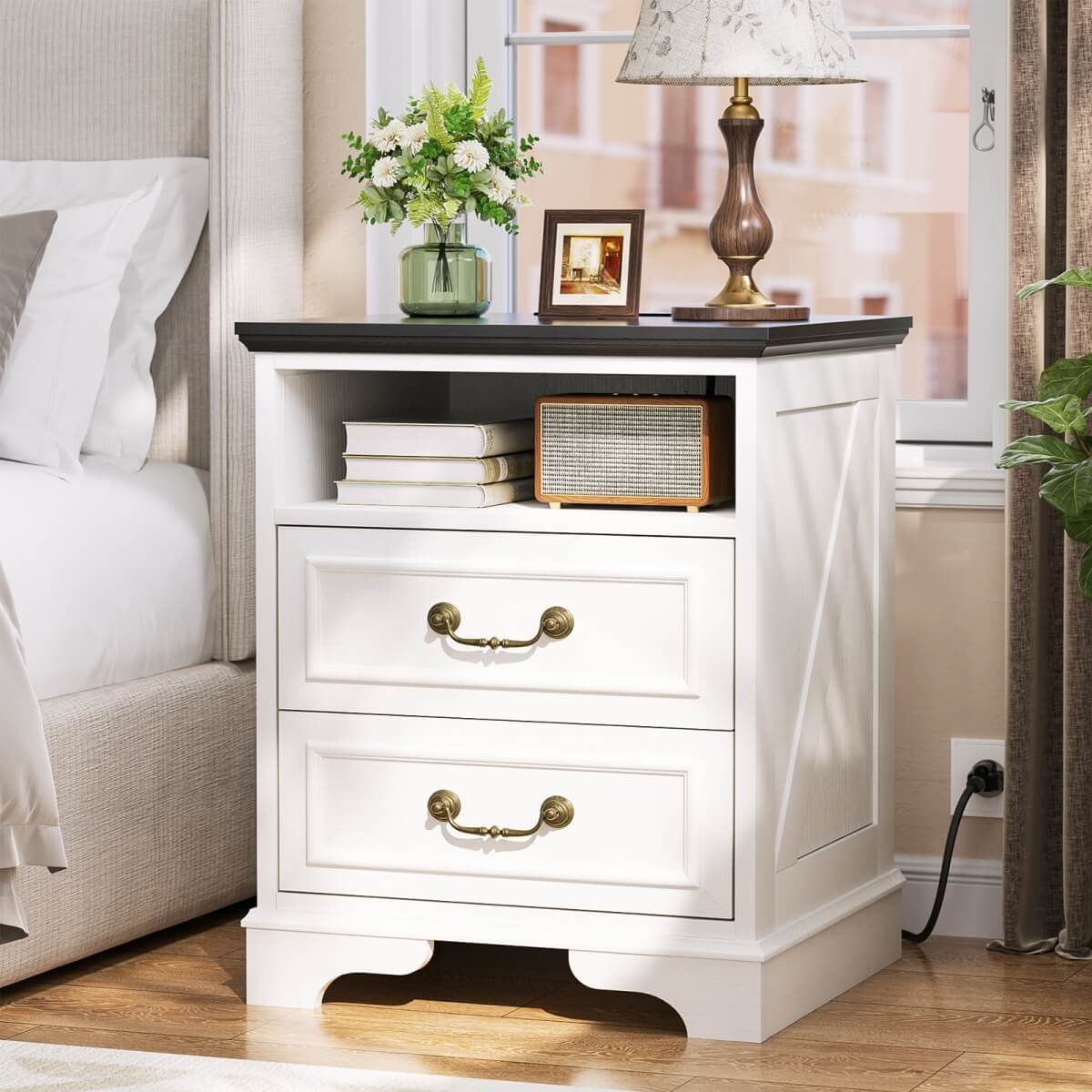 Farmhouse Nightstands with Drawers, Bedside Table with Power Outlet