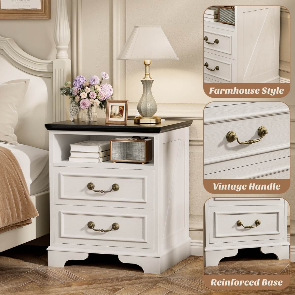 Farmhouse Nightstands with Drawers, Bedside Table with Power Outlet