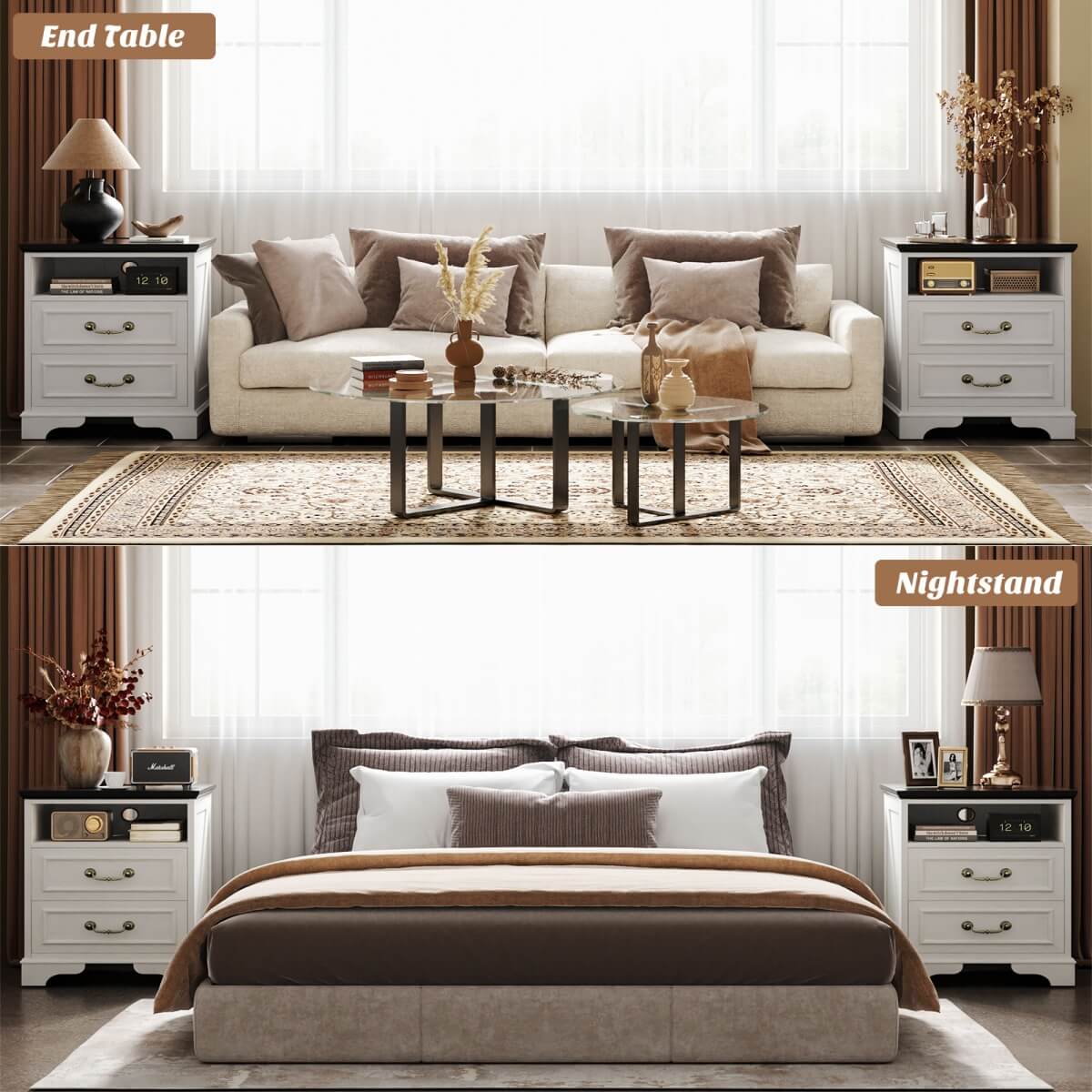 Farmhouse Nightstands with Drawers, Bedside Table with Power Outlet