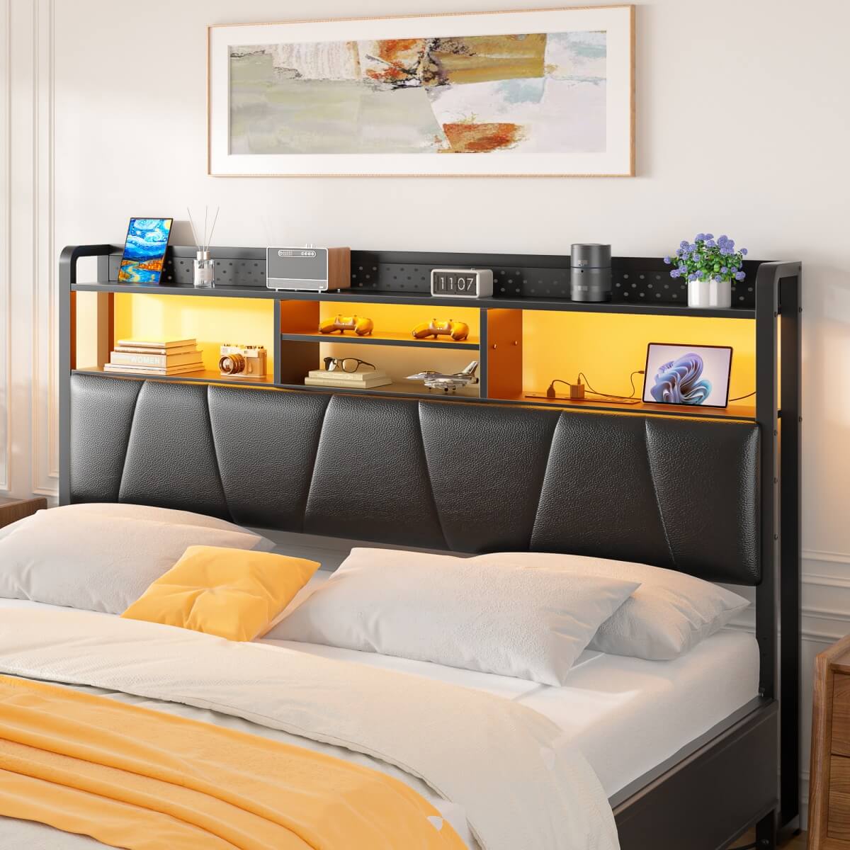 Upholstered Headboard for Full Size Bed Frame, with Power Outlets and RGB LED Lights