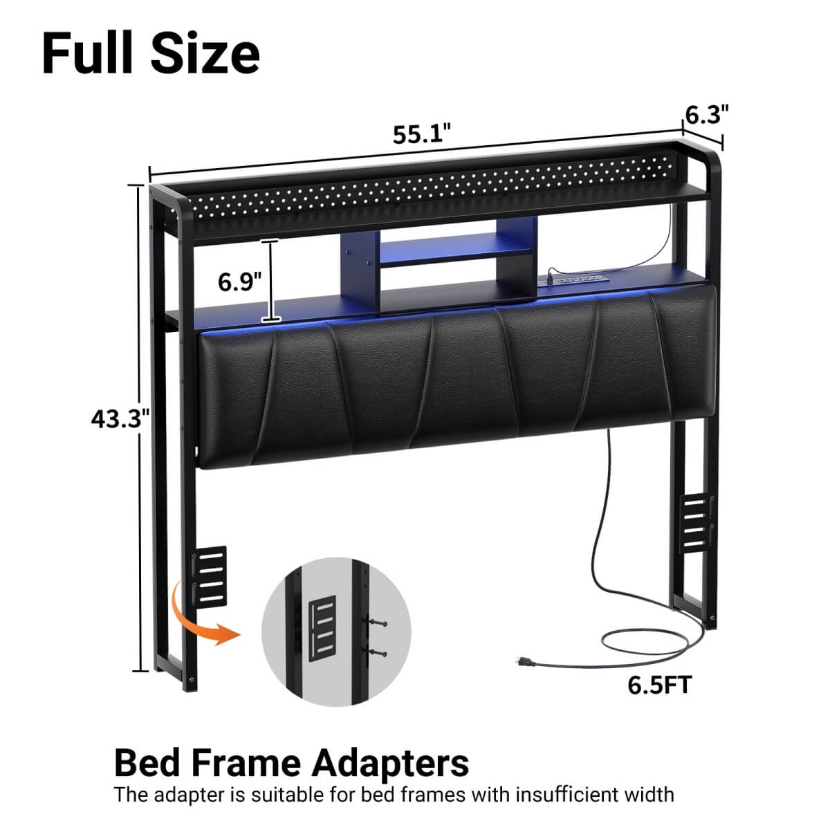 Upholstered Headboard for Full Size Bed Frame, with Power Outlets and RGB LED Lights