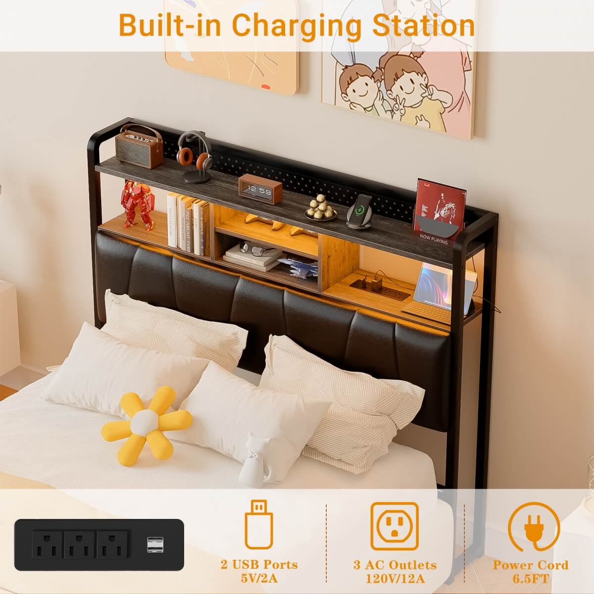 Upholstered Headboard for Full Size Bed Frame, with Power Outlets and RGB LED Lights