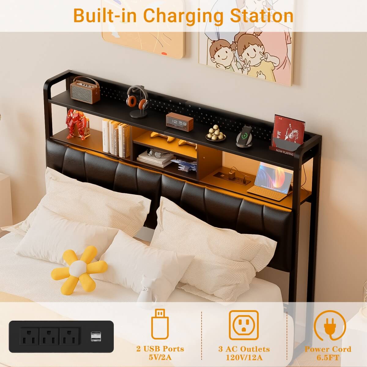 Upholstered Headboard for Queen Size Bed Frame, with Power Outlets and RGB LED Lights