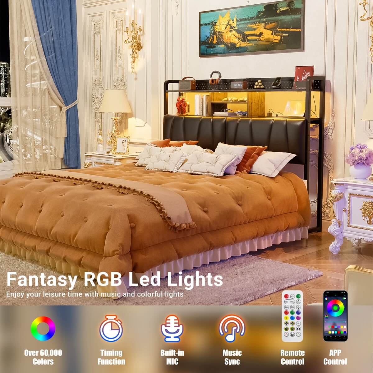 Upholstered Headboard for Queen Size Bed Frame, with Power Outlets and RGB LED Lights