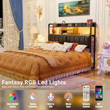 Upholstered Headboard for Queen Size Bed Frame, with Power Outlets and RGB LED Lights