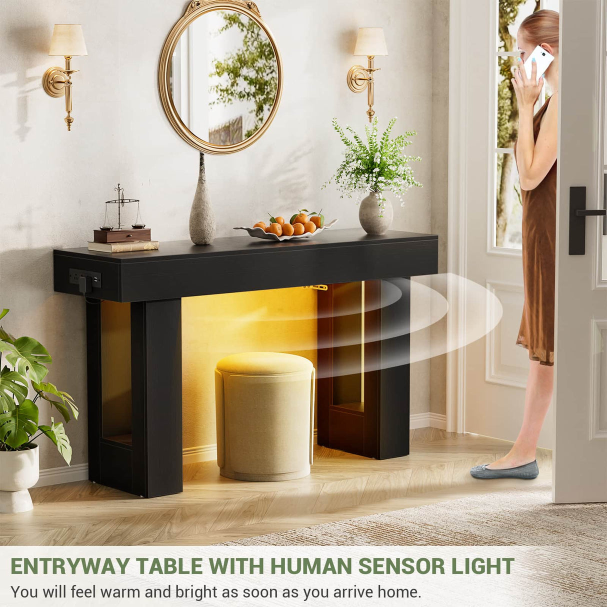 47" Entryway Table with Sensor Light and USB Outlet | Narrow Console Table with Storage Behind Couch