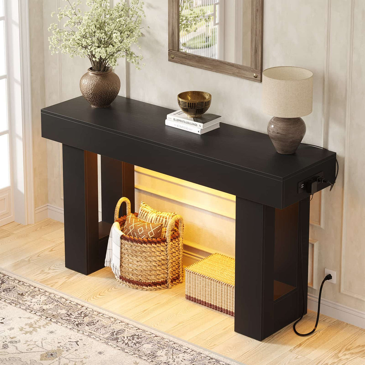 47" Entryway Table with Sensor Light and USB Outlet | Narrow Console Table with Storage Behind Couch
