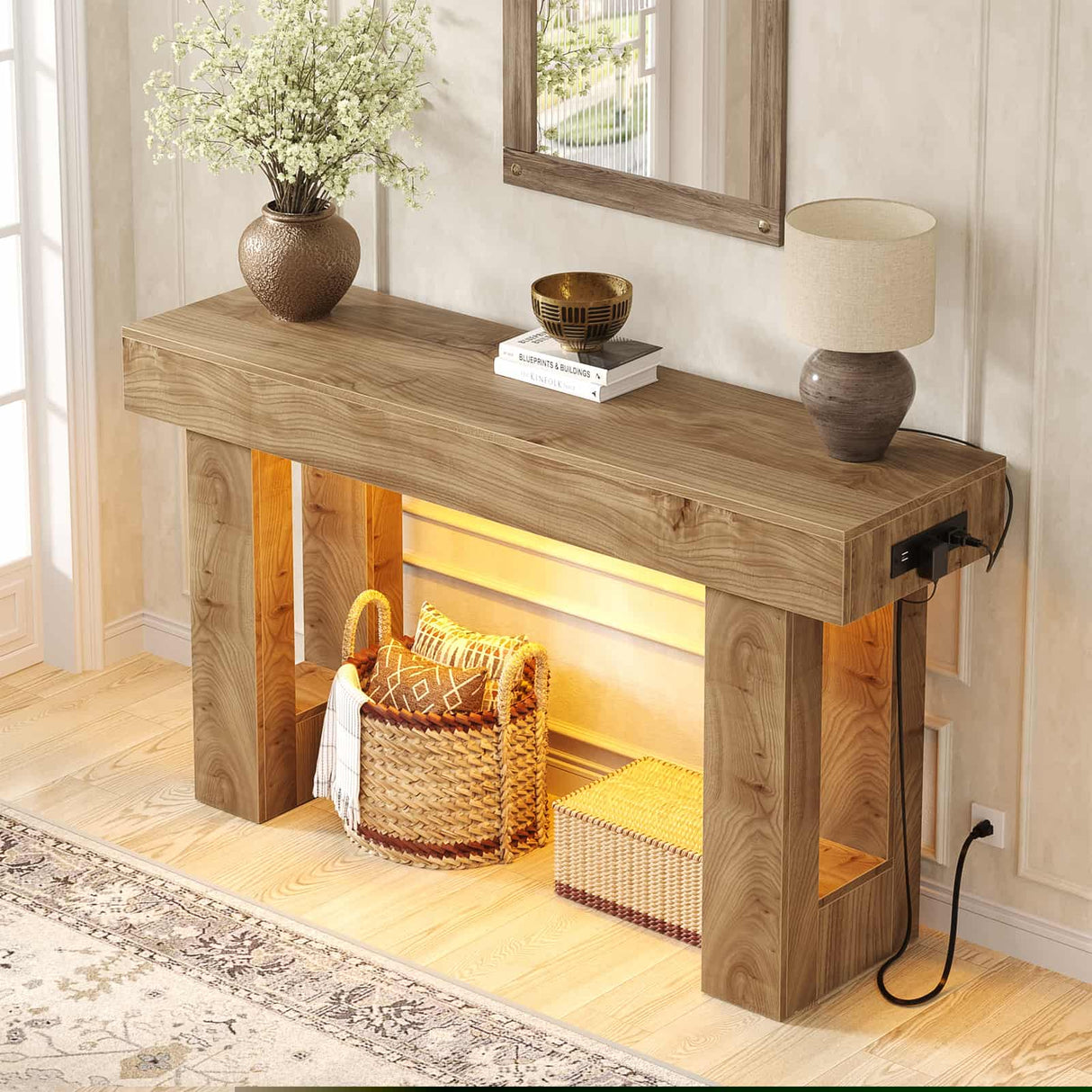 47" Entryway Table with Socket and Sensor Light, Console Table with Storage Behind Couch