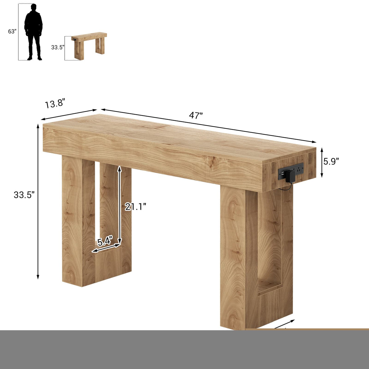 47" Entryway Table with Socket and Sensor Light, Console Table with Storage Behind Couch