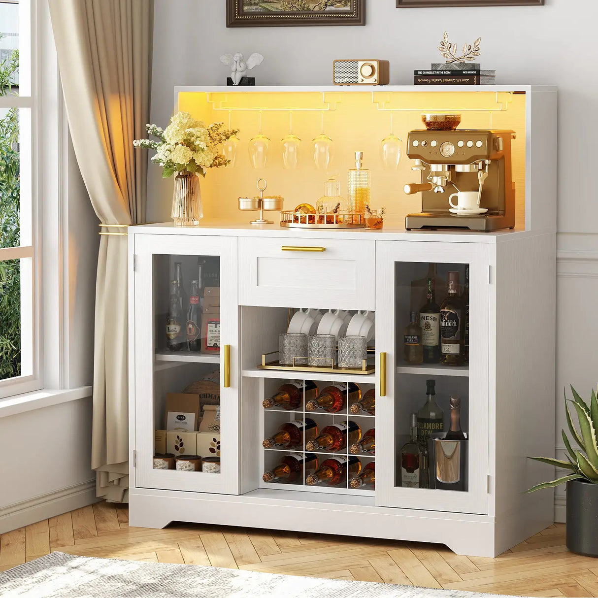 Wine Bar Cabinet with Drawer and LED Light Strip