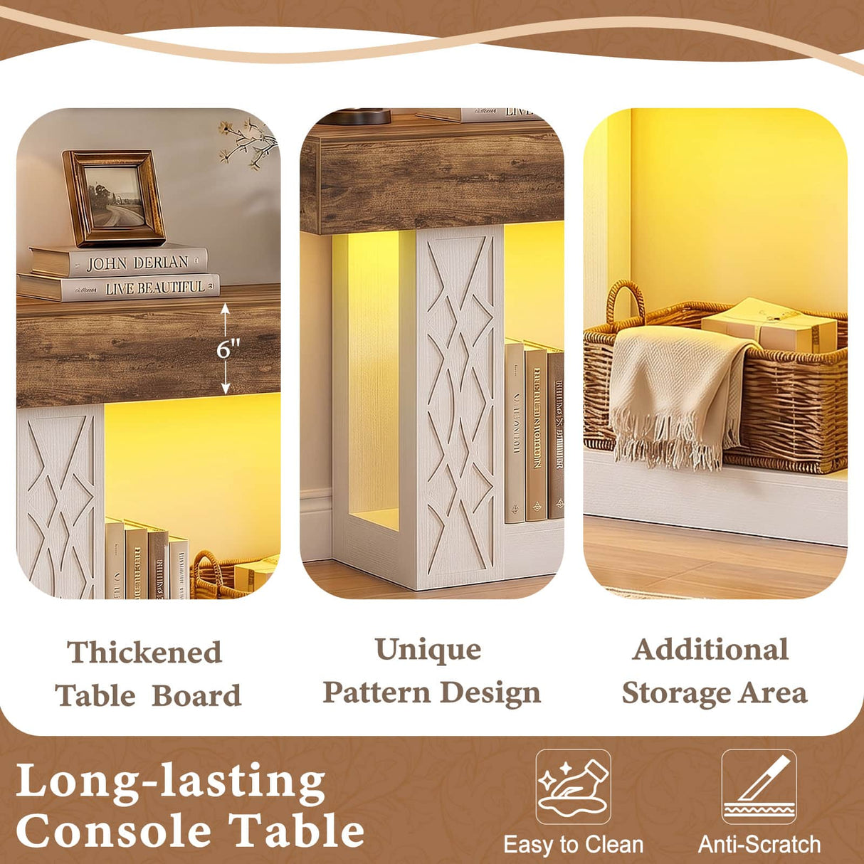 47" Console Table with LED Lights & Outlets, Farmhouse Entryway Table with Geometric Lattice Pattern, 2-Tier Narrow Sofa Table Behind Couch for Living Room, Hallway, Foyer